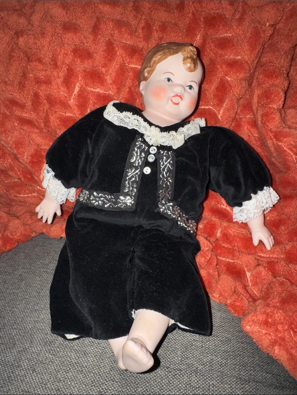 Vintage Porcelain China Head Boy Doll - 11" Antique-Style Velvet & Lace Suit